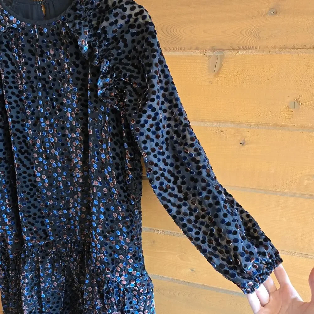 Anthropologie Dress Shoshanna Henley Flocked Dot Jet Mocha Navy Velvet Chiffon 8 - Picture 5 of 7